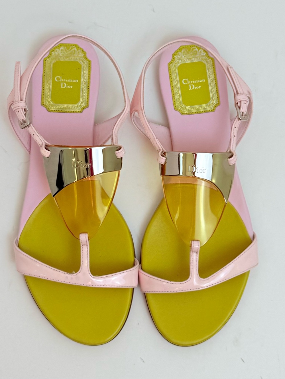 Christian Dior Pink & Neon Yellow PVC Shield Flat Sandals Raf Simons Era EU 36.5